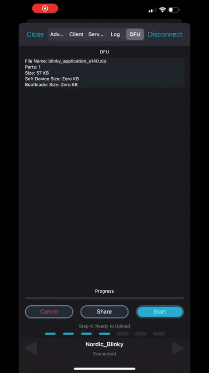 DFU firmware update process running on nRF Connect iOS