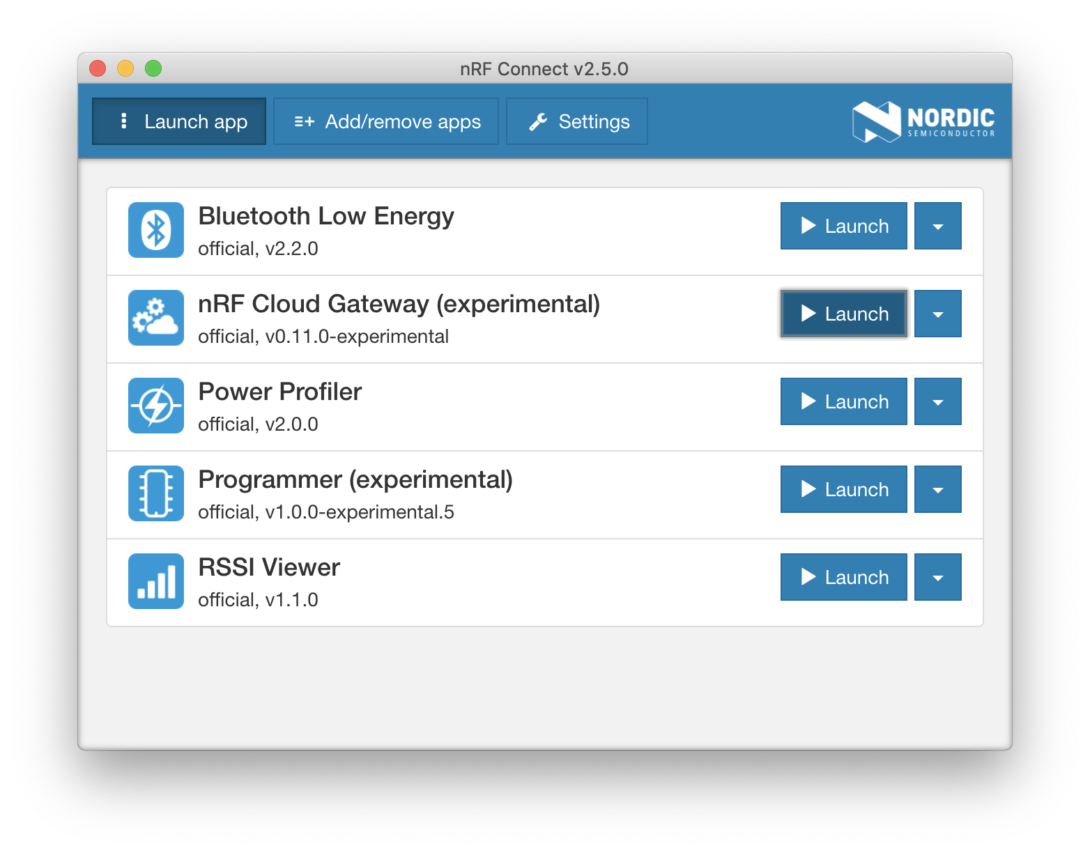 nRF Connect Launch Bluetooth Low Energy app