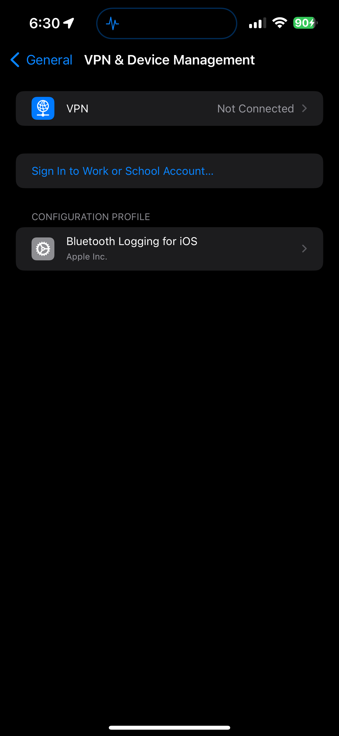 Bluetooth for iOS Profile installed on iPhone