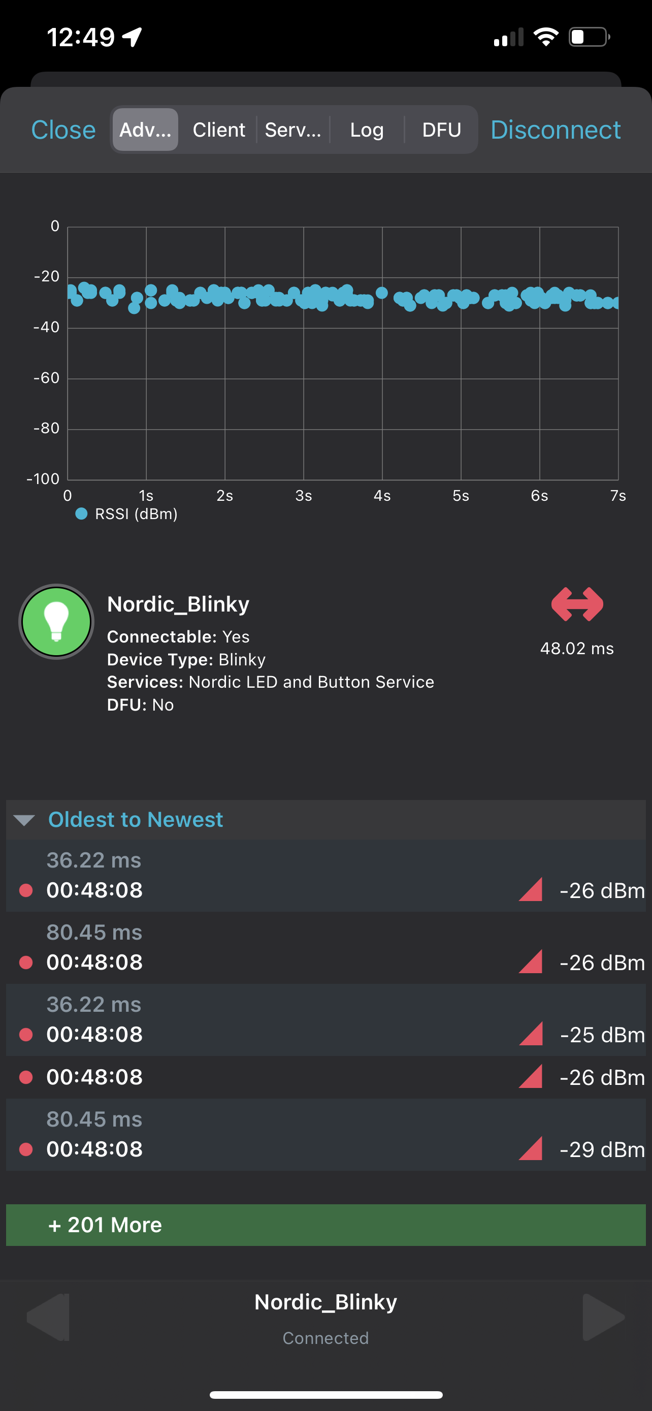 nRF Connect iOS connected to custom Blinky+DFU app