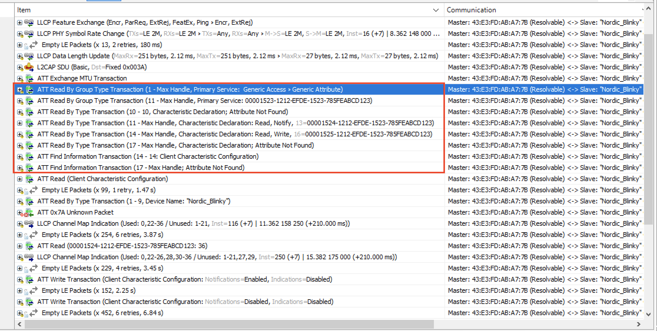 GATT attribute discovery process in sniffer capture