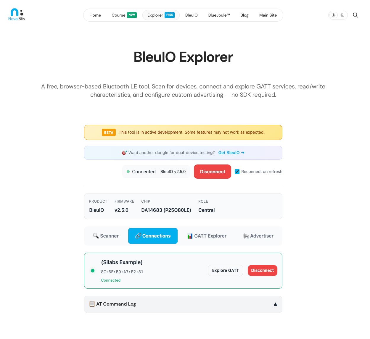 BleuIO Explorer Connections tab showing a connected device with Explore GATT and Disconnect options